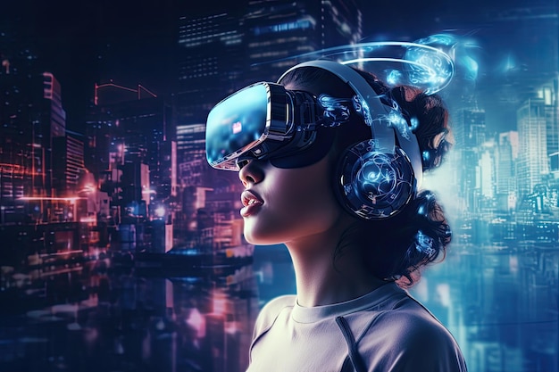 Mujer joven con gafas de realidad virtual en el fondo de la ciudad Rendimiento 3D Mujer joven usando auriculares de realidad virtual Concepto de tecnología futura Doble exposición AI generada