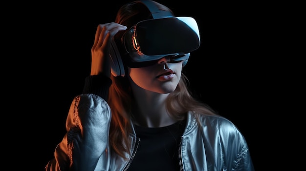 Mujer joven con gafas de realidad virtual sobre fondo negro Concepto de tecnología futura IA generativa
