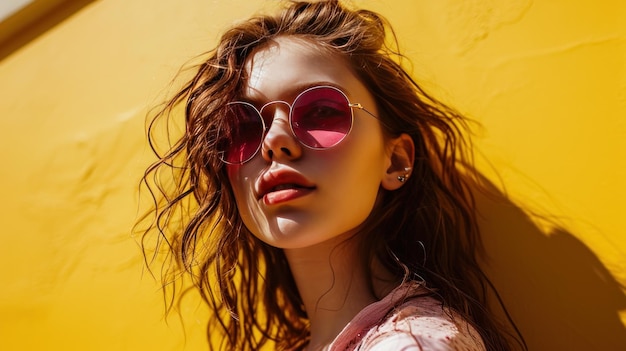 Una mujer joven con gafas de sol de color rosa sobre un fondo amarillo.