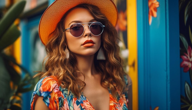 Mujer joven con gafas de sol emana elegancia veraniega generada por IA