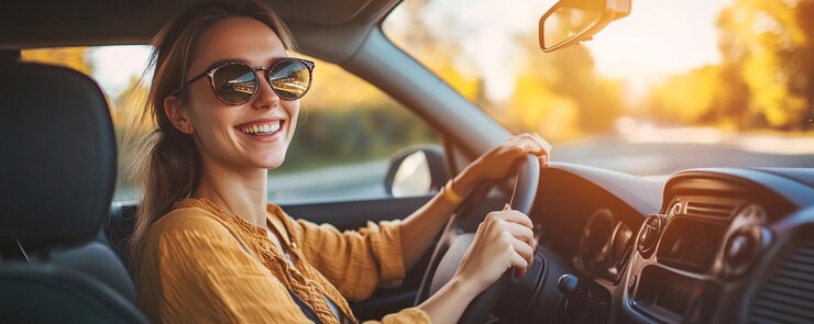 Una mujer joven con gafas de sol está conduciendo un coche en un día soleado