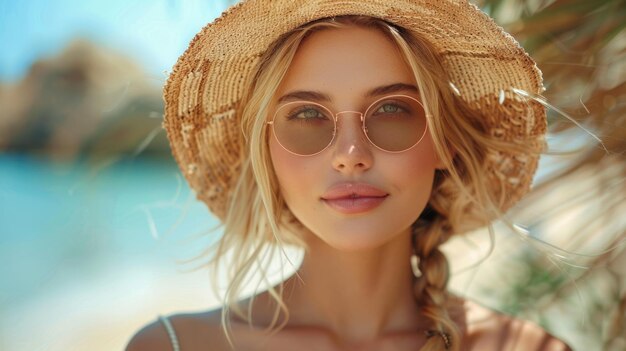 Foto mujer joven con gafas de sol y sombrero de paja