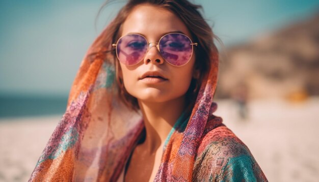 Mujer joven con gafas de sol sonríe ante la cámara generada por IA