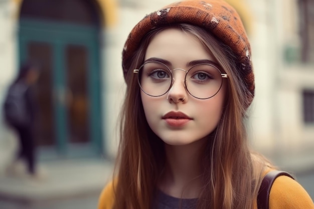 Una mujer joven con gafas y un sombrero IA generativa