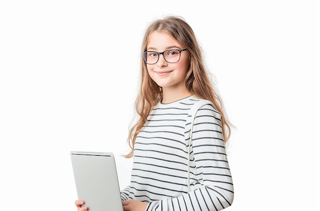 una mujer joven con gafas sostiene una computadora portátil abierta