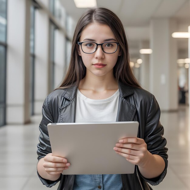 Foto una mujer joven con gafas sostiene un portapapeles