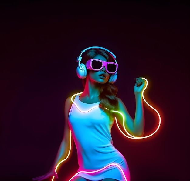 Mujer joven con gafas VR bailando generada por IA