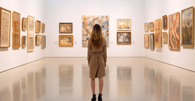 Mujer joven en una galería de arte moderno