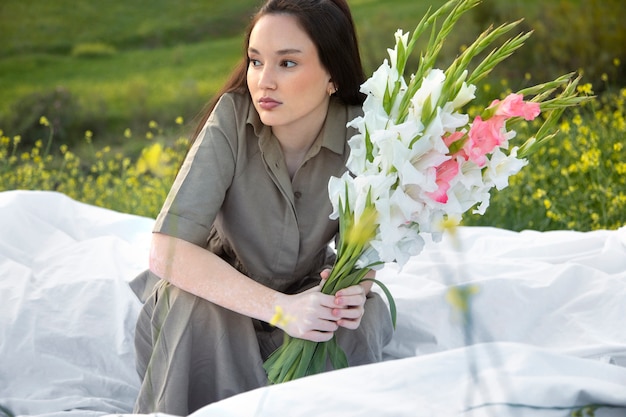 Foto mujer joven con gladiolos en la naturaleza.