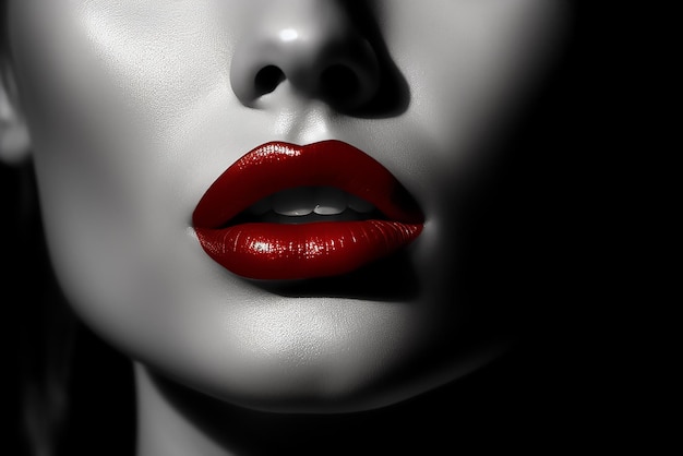 mujer joven, glamuroso, labios rojos, en, estudio, tiro, con, brillante, fondo negro