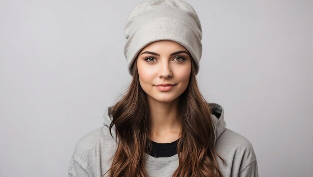 mujer joven con una gorra en un fondo blanco