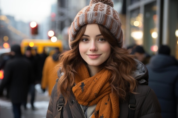 Una mujer joven con un gorro de invierno y una bufanda en una calle de la ciudad.