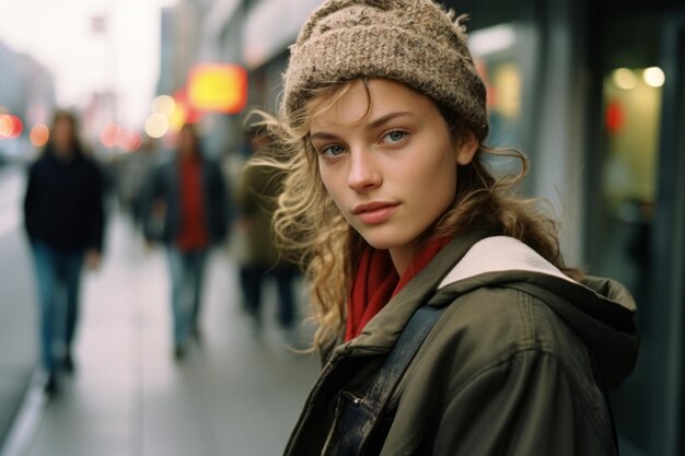 Una mujer joven con un gorro de pie en una calle de la ciudad.