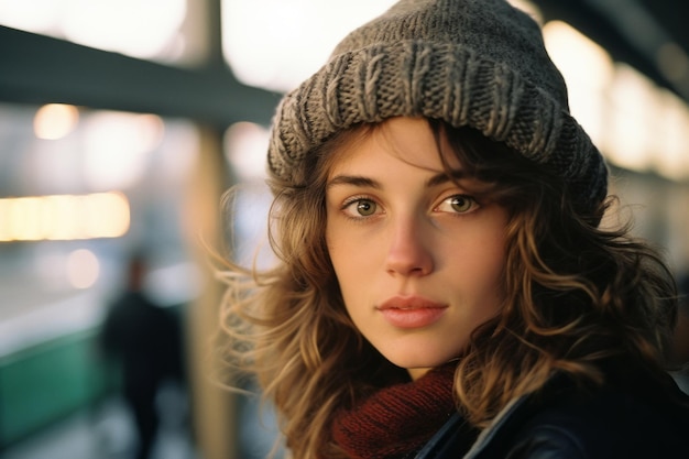 una mujer joven con un gorro de punto y una chaqueta