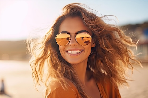 Mujer joven gran sonrisa en una playa moda femenina gafas de sol felices vacaciones de verano positivas chica gran ojo sonriente protección solar gafas de Sol concepto ilustración de IA generativa