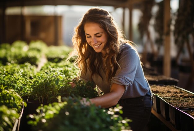 mujer joven en la granja recogiendo algunas plantas