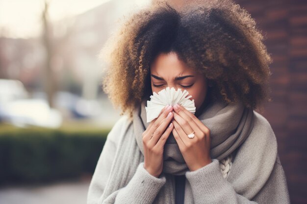 Foto mujer joven con gripe sonándose la nariz con un pañuelo