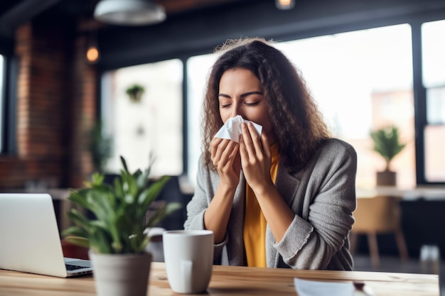 Mujer joven con gripe sonándose la nariz usando un pañuelo de incomodidad durante la temporada de alergias