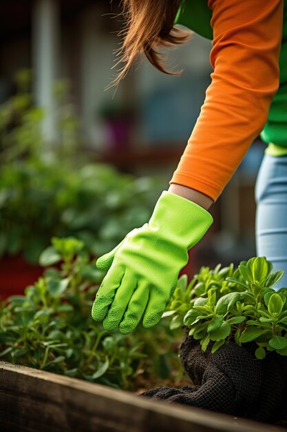 Una mujer joven con guantes haciendo jardinería en su patio trasero