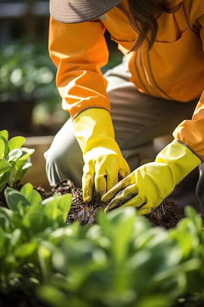 Una mujer joven con guantes haciendo jardinería en su patio trasero