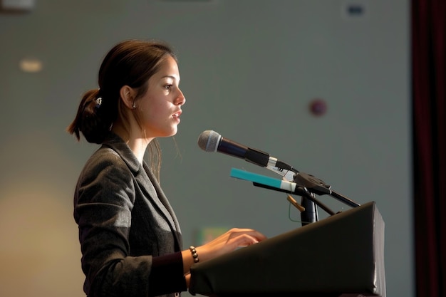 Una mujer joven habla en un micrófono mientras está de pie en un podio, probablemente dando una presentación o discurso en una conferencia o evento