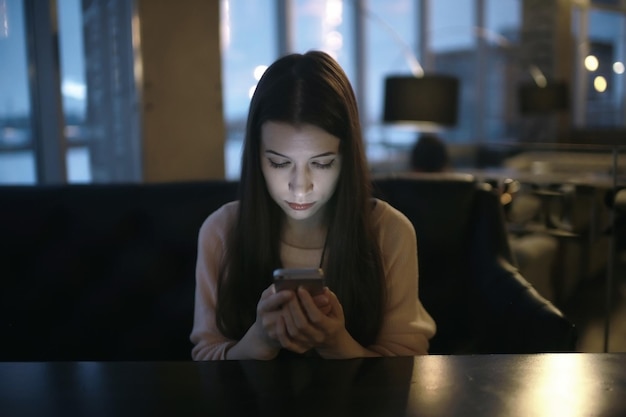 mujer joven hablando por teléfono en un café