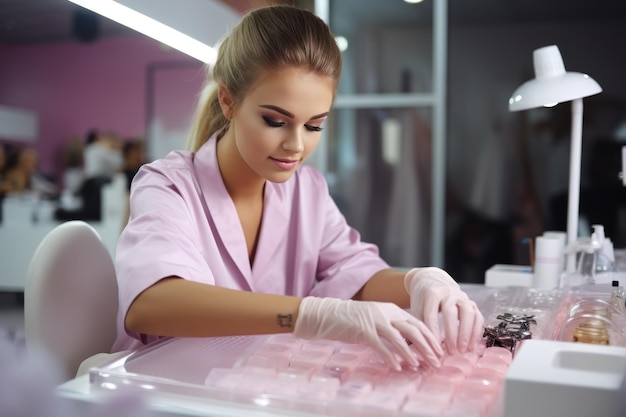 Foto una mujer joven se hace las uñas por una manicurista en un salón de belleza.