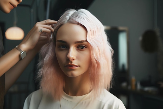 Una mujer joven hace un peinado de moda en un salón de belleza corte de pelo elegante cuidado del cabello AI