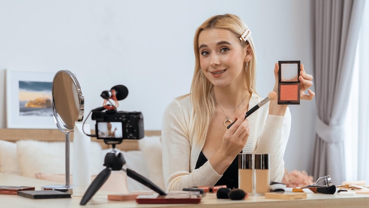 Foto mujer joven haciendo belleza y cosméticos contenido de video tutorial blithe