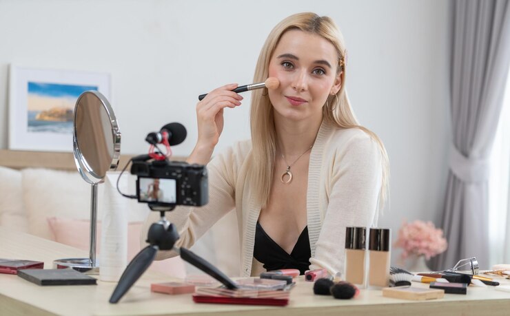 Foto mujer joven haciendo belleza y cosméticos contenido de video tutorial blithe