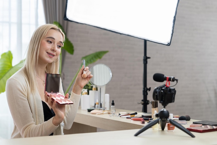 Foto mujer joven haciendo belleza y cosméticos contenido de video tutorial blithe