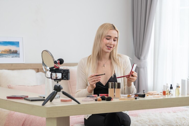 Foto mujer joven haciendo belleza y cosméticos tutorial contenido de video alegre