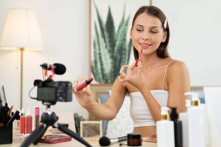 Foto mujer joven haciendo belleza y tutorial de cosméticos revelando contenido de video