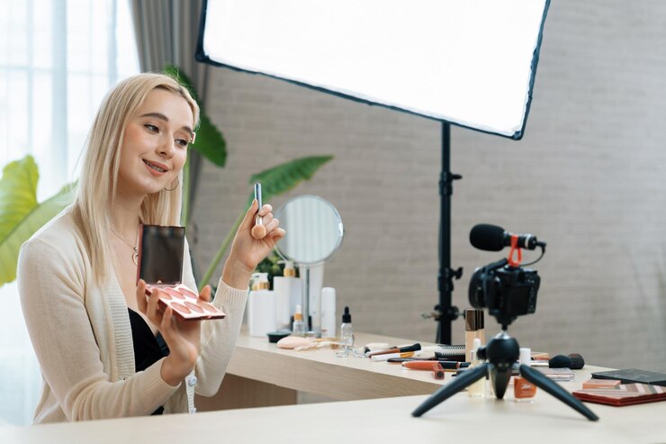 Foto mujer joven haciendo contenido de video tutorial de belleza y cosméticos para redes sociales blogger de belleza sonríe a la cámara mientras muestra cómo cuidar la belleza a la audiencia o seguidores blithe.