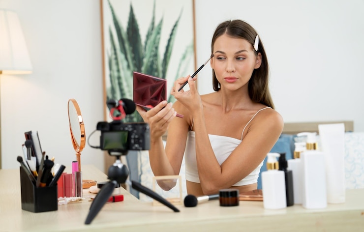 Foto mujer joven haciendo contenido de video tutorial de belleza y cosméticos para redes sociales blogger de belleza sonríe a la cámara mientras muestra cómo cuidar la belleza a la audiencia o seguidores desvelando