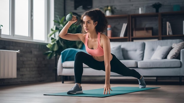 Mujer joven haciendo ejercicio en casa finalmente tengo una motivación para hacer esto