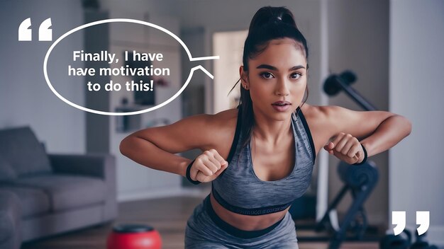 Mujer joven haciendo ejercicio en casa finalmente tengo una motivación para hacer esto