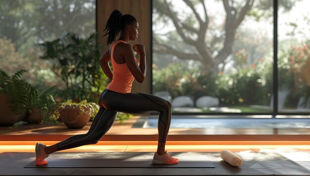 Mujer joven haciendo ejercicios de estiramiento en una alfombra de yoga en un gimnasio