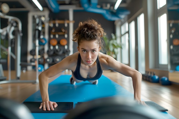 Foto mujer joven haciendo flexiones en el gimnasio