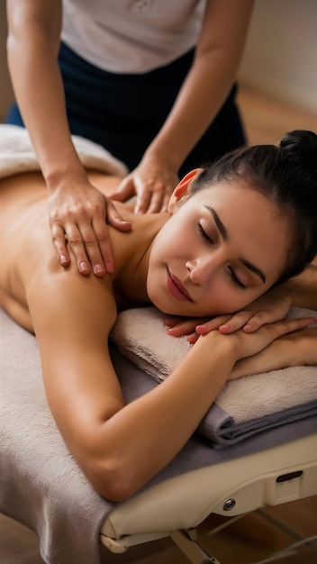 Foto mujer joven haciendo masaje de espalda y hombro