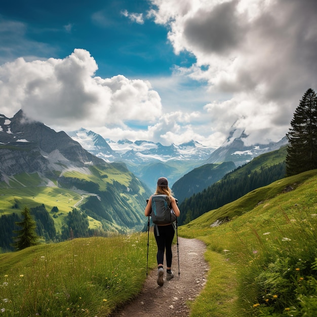 Mujer joven haciendo senderismo en los Alpes suizos en un hermoso día de verano