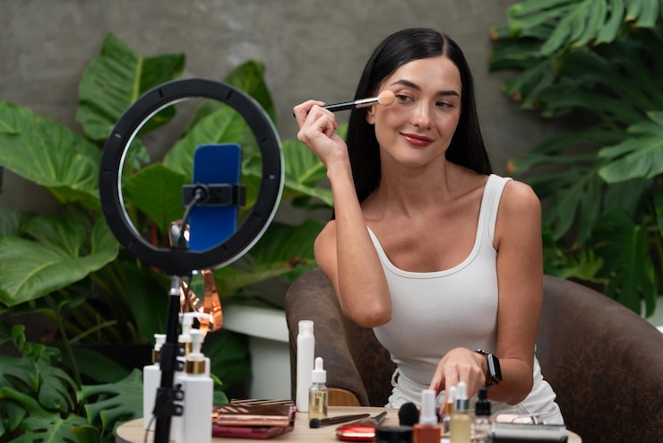 Foto mujer joven haciendo tutoriales de belleza natural y cosmética en jardín de plantas verdes contenido de video para redes sociales blogger de celebridades de belleza que muestra cómo cuidar la belleza a la audiencia o seguidores blithe