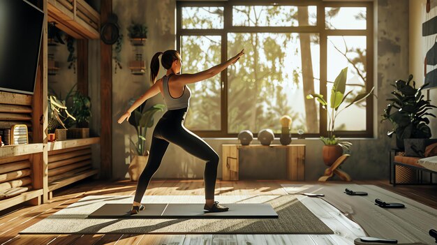 Una mujer joven haciendo yoga en un hermoso estudio casero Ella está de pie en una alfombra con los brazos extendidos a los lados