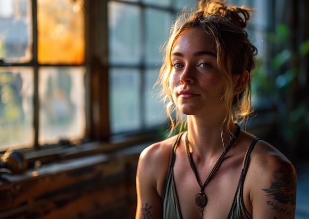 Mujer joven haciendo yoga y mindfulness en un gimnasio