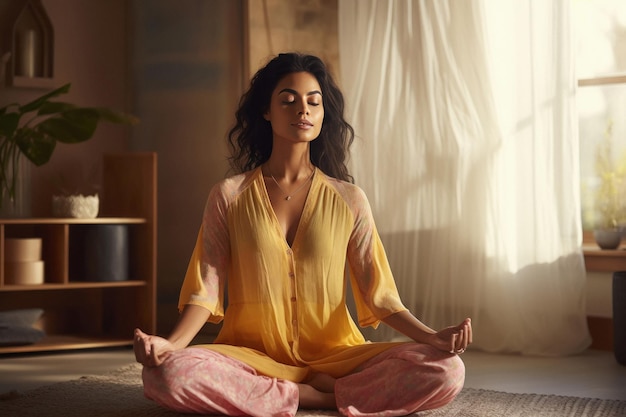 Foto mujer joven haciendo yoga o meditación en casa
