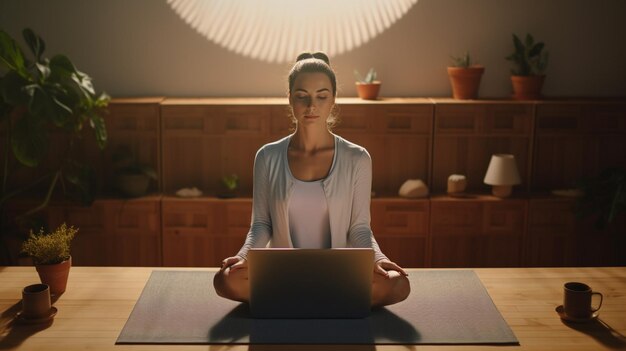 Foto mujer joven haciendo yoga en el suelo en la posición del loto