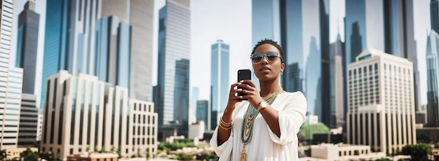 Mujer joven y hermosa africana con teléfono inteligente en el fondo de un estandarte de rascacielos