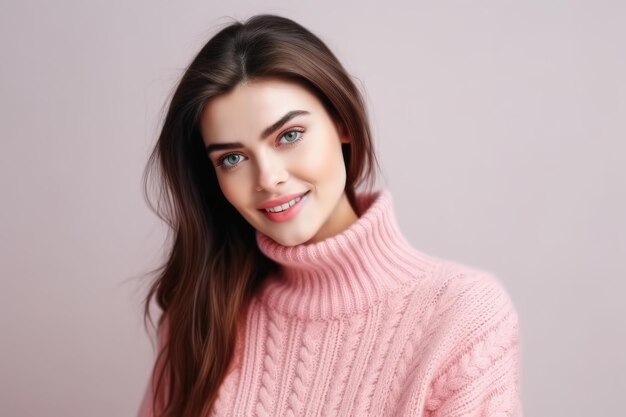 Mujer joven y hermosa en ai generativo de suéter cálido rosa