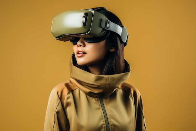 Mujer joven hermosa asiática con casco de realidad virtual con fondo claro