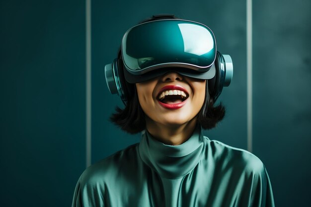 Mujer joven hermosa asiática con casco de realidad virtual con fondo claro